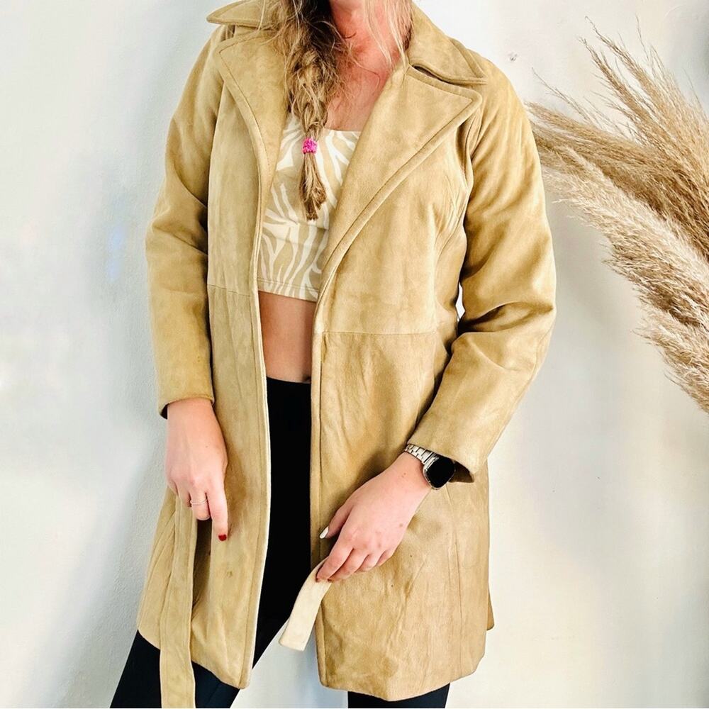 VINTAGE HIGHLANDER 1960s Beige Tan Camel Suede Leather Trench Coat Tie Jacket L